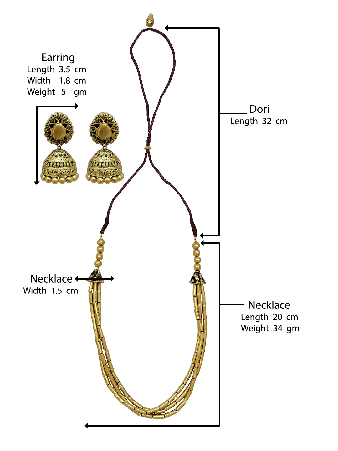 Antique Gold Toned Multilayered Tube Shape Beads Terracotta Medium Necklace Set