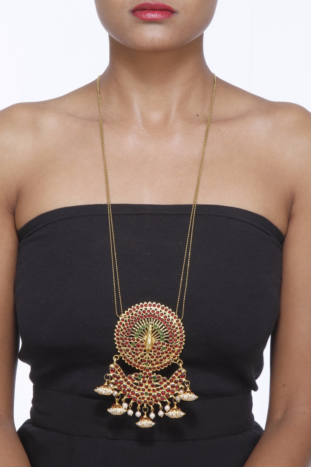 Peacock Motif With Jumkas In A Gold Chain