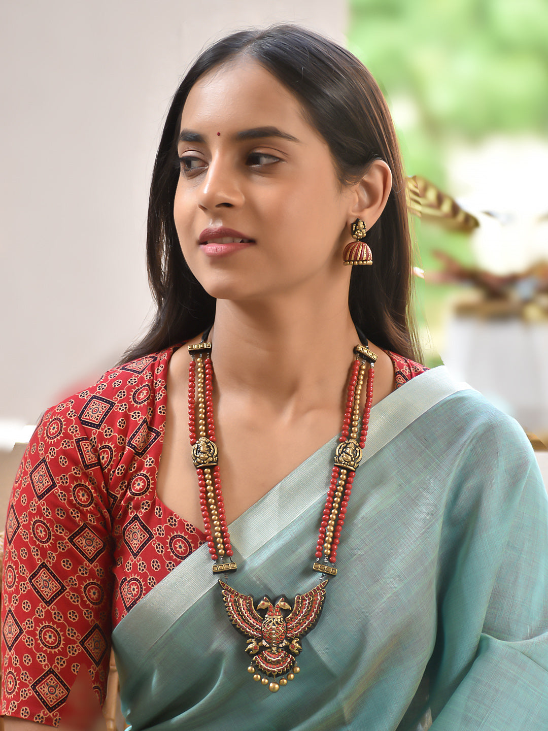 Terracotta Beaded Long Necklace with Twin Bird Pendant