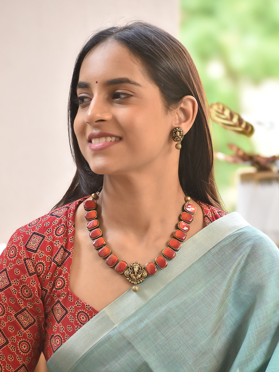 Terracotta Red Bead Necklace with Antique Pendant Detail