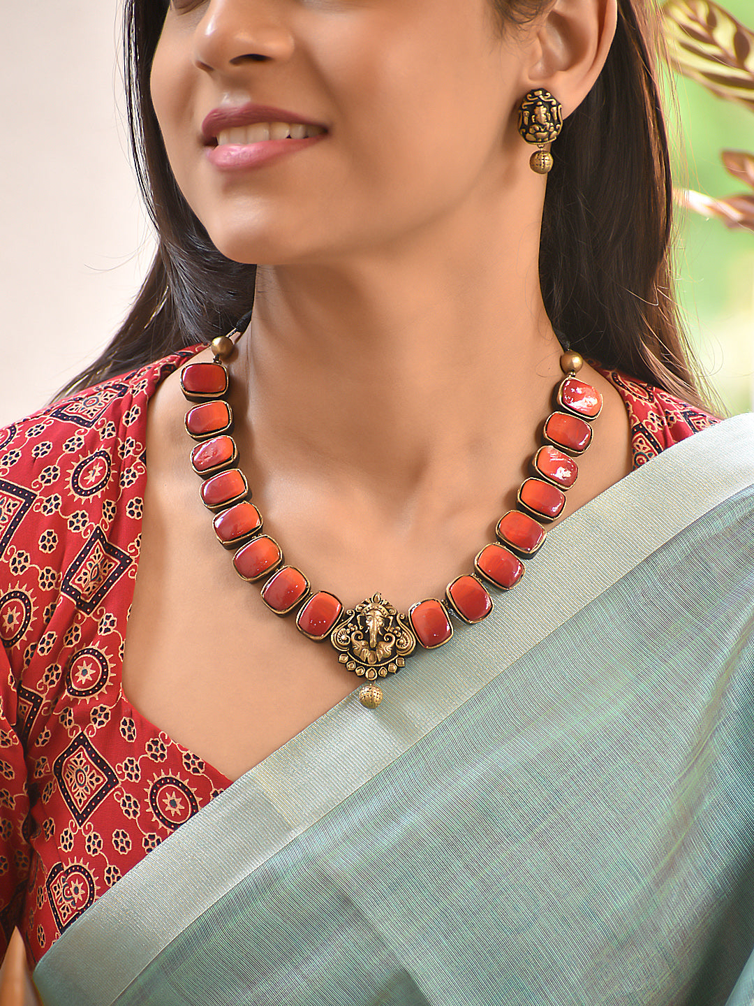 Terracotta Red Bead Necklace with Antique Pendant Detail