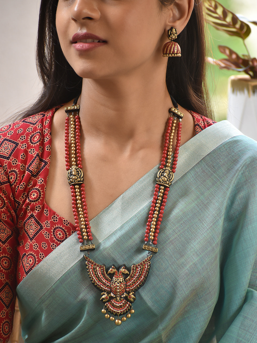 Terracotta Beaded Long Necklace with Twin Bird Pendant