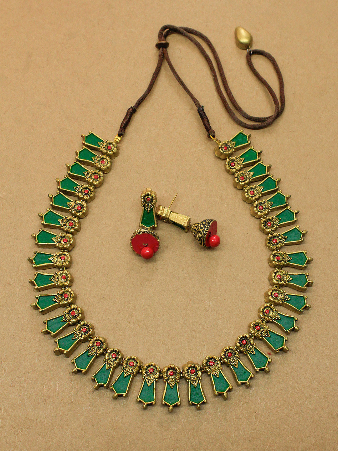 Nagapadam Design Antique Gold Red Green Handmade Terracotta Necklace Set