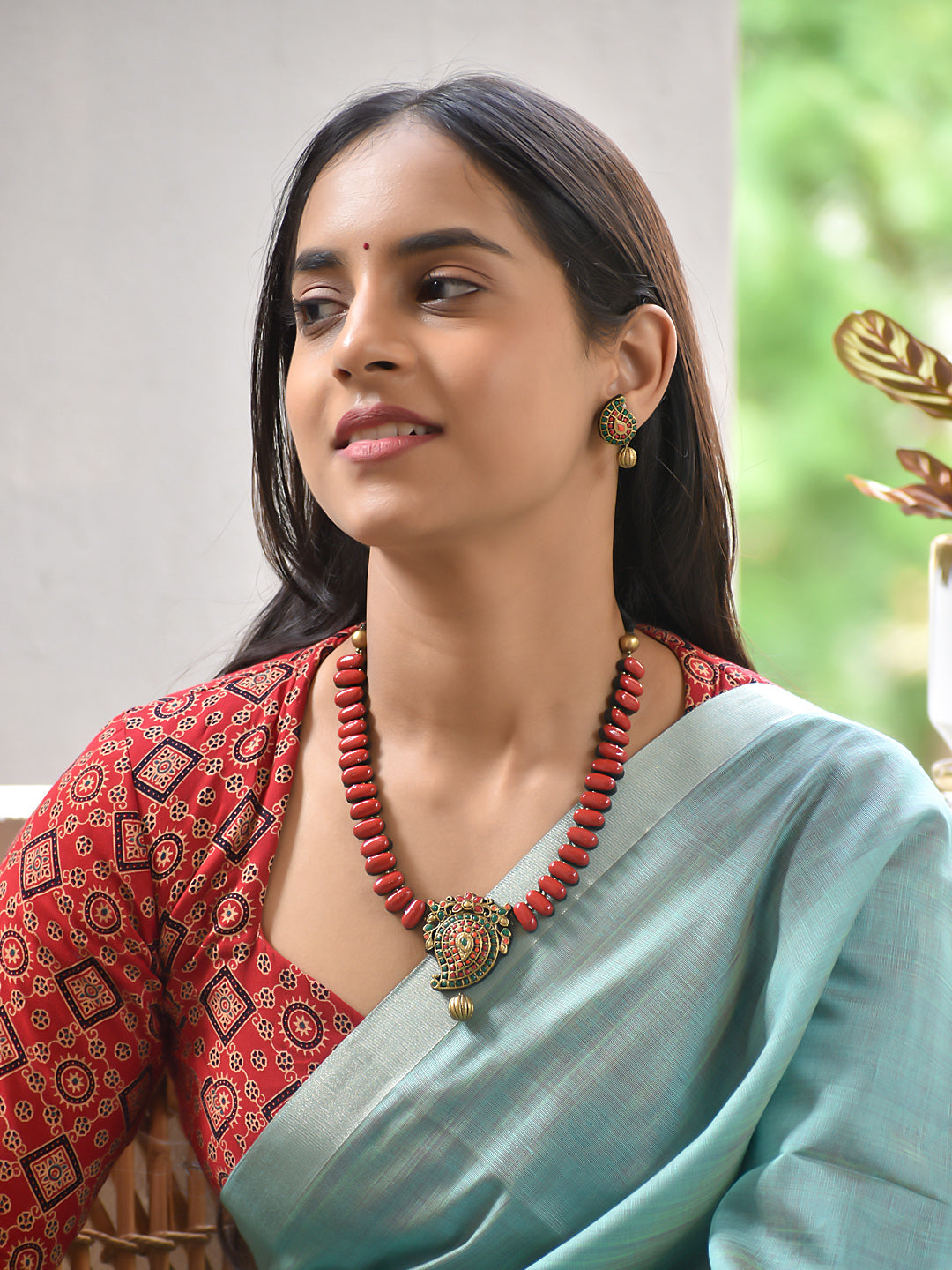 Terracotta Red Bead Necklace with Paisley Pendant