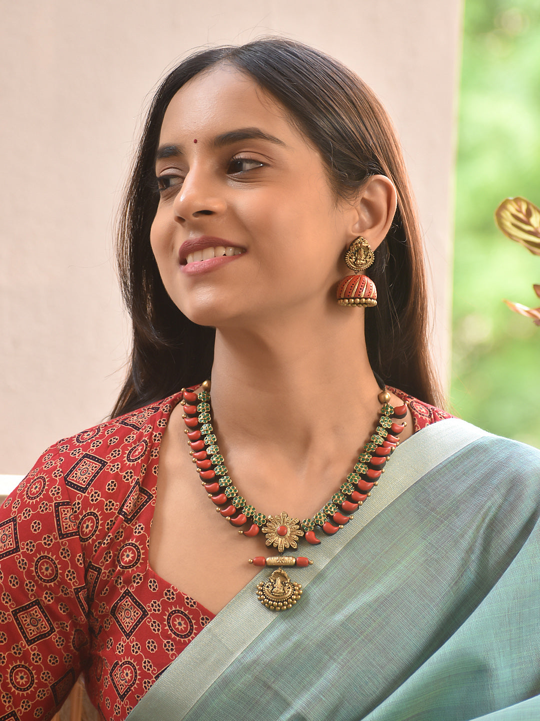 Terracotta Dual-Tone Necklace with Red Drops and Temple Pendant