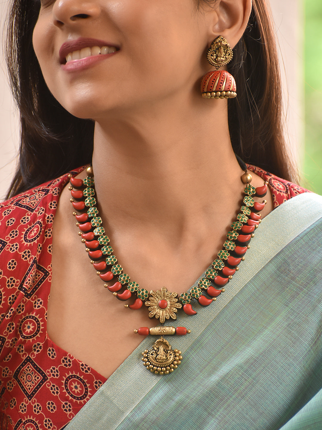 Terracotta Dual-Tone Necklace with Red Drops and Temple Pendant