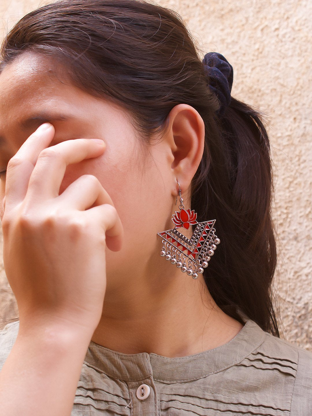 Silver Plated Red Color Lotus Design Afghani Earring