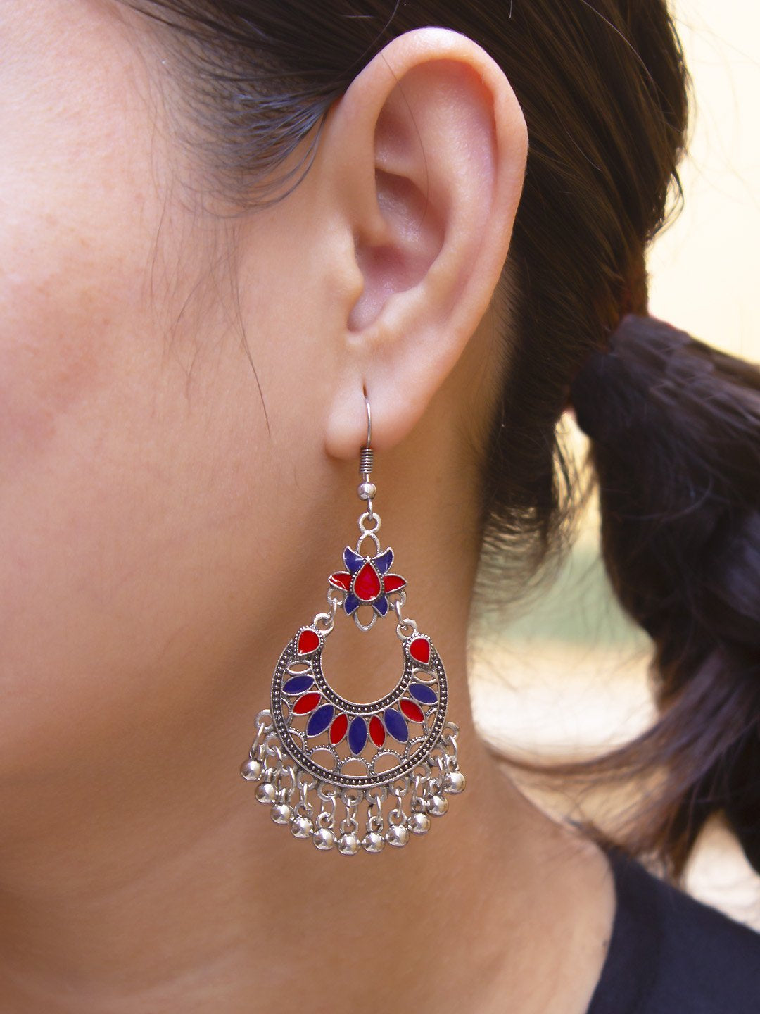 Floral Design Red and Blue Dangler Afghani Earring