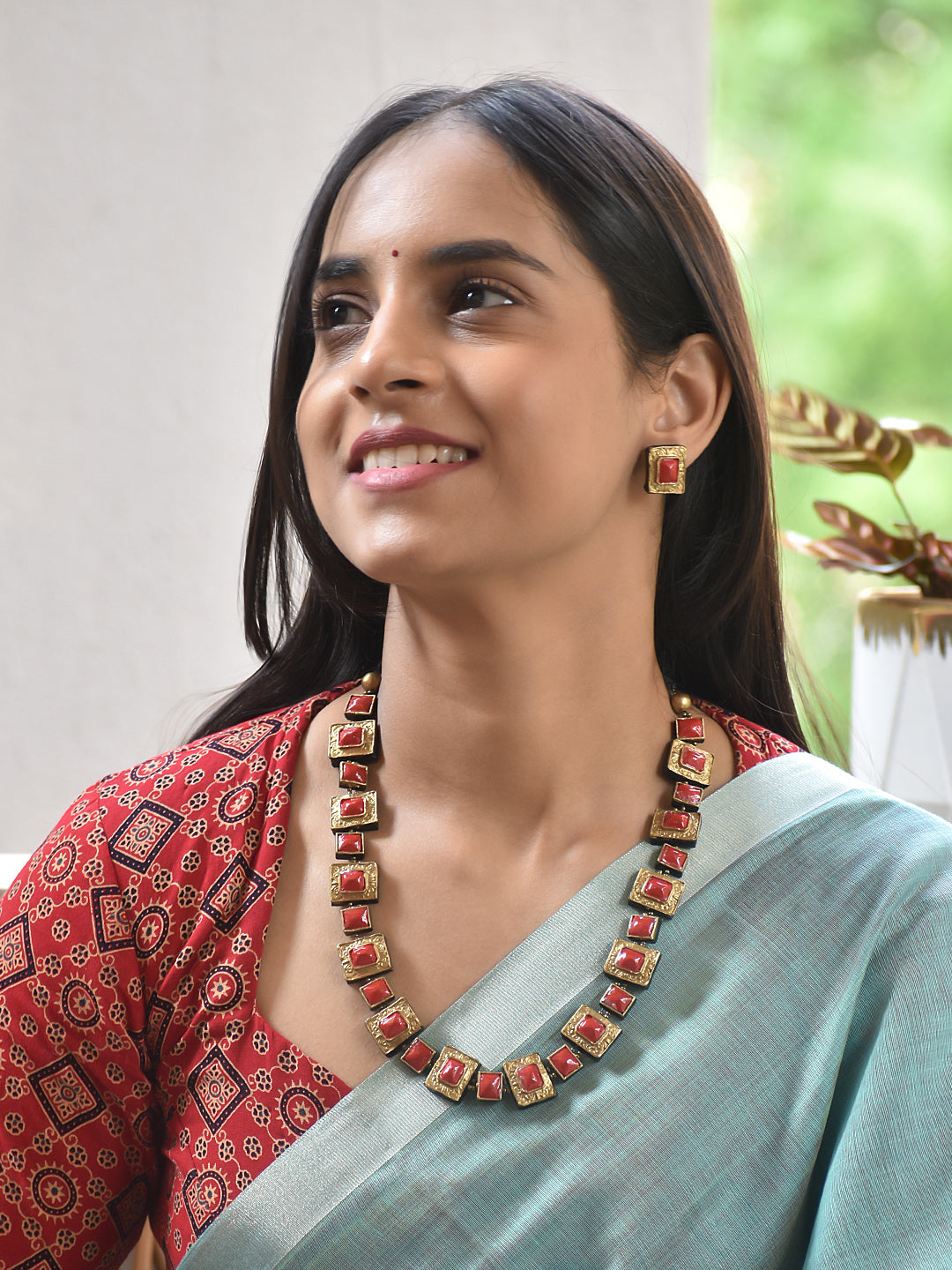 Terracotta Square Red Stone Necklace with Geometric Design