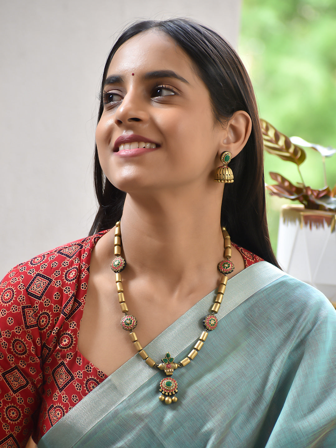 Terracotta Bead Necklace with Floral Discs and Drop Pendant