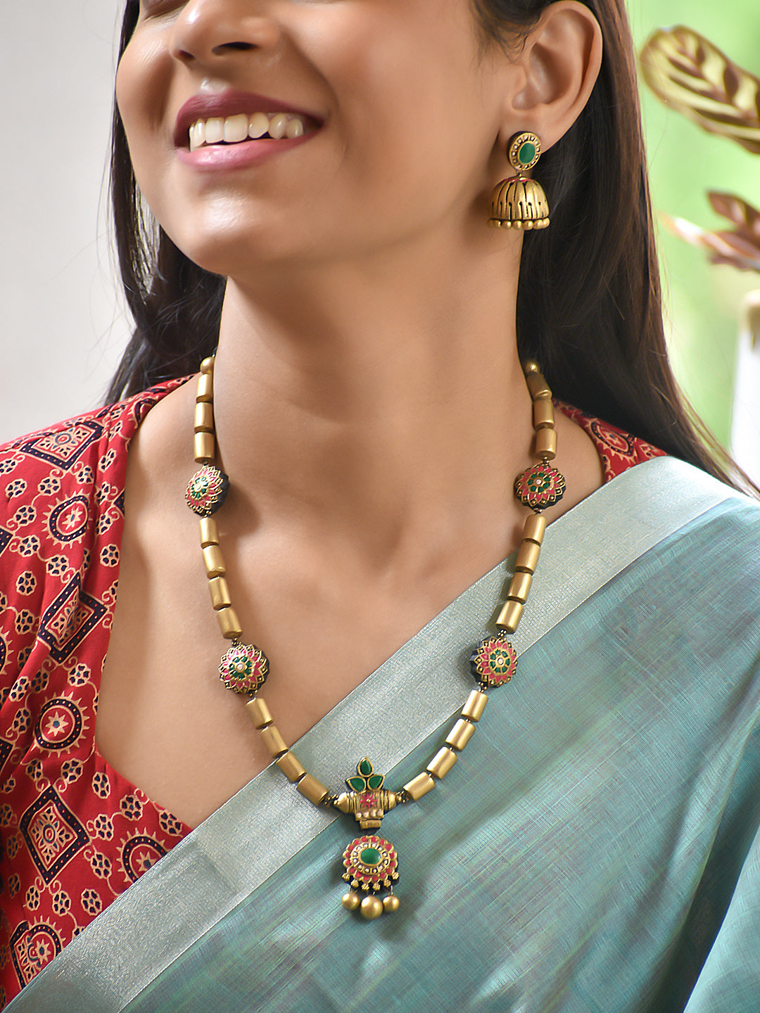 Terracotta Bead Necklace with Floral Discs and Drop Pendant