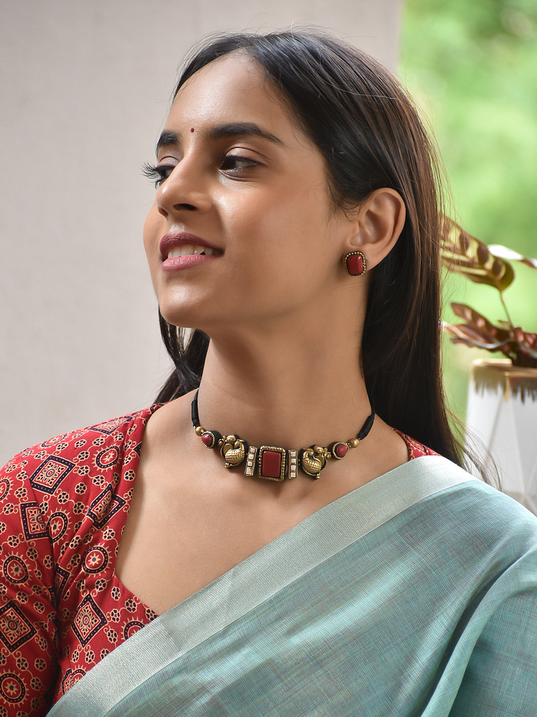 Terracotta Choker Necklace with Peacock Motifs and Red Stones