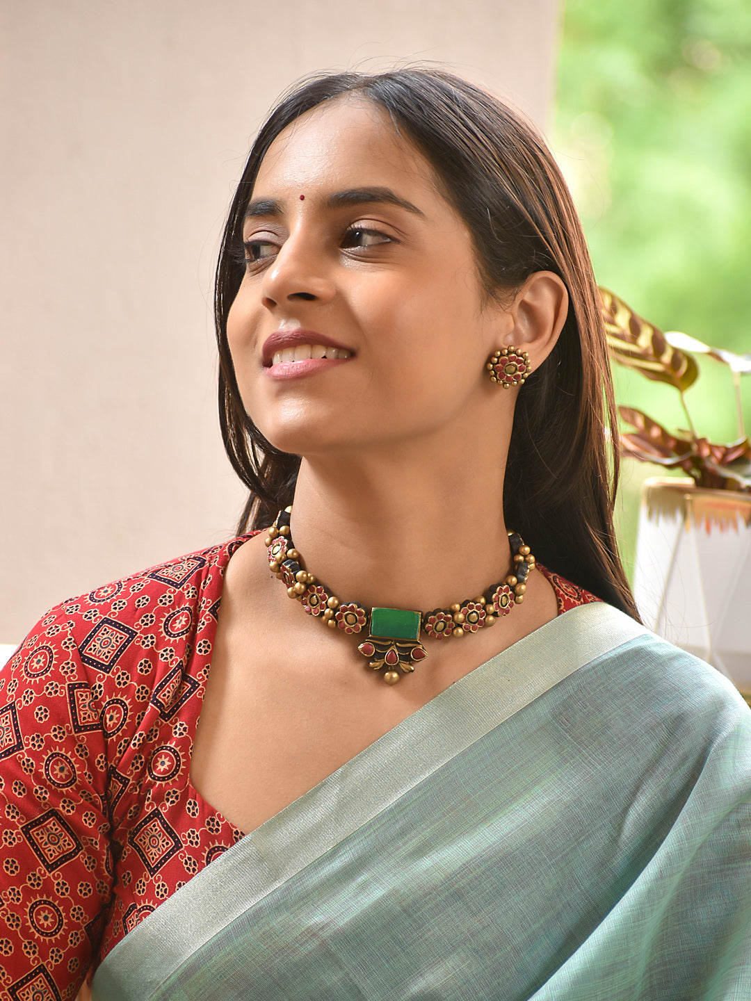 Terracotta Floral Choker with Green Stone Pendant