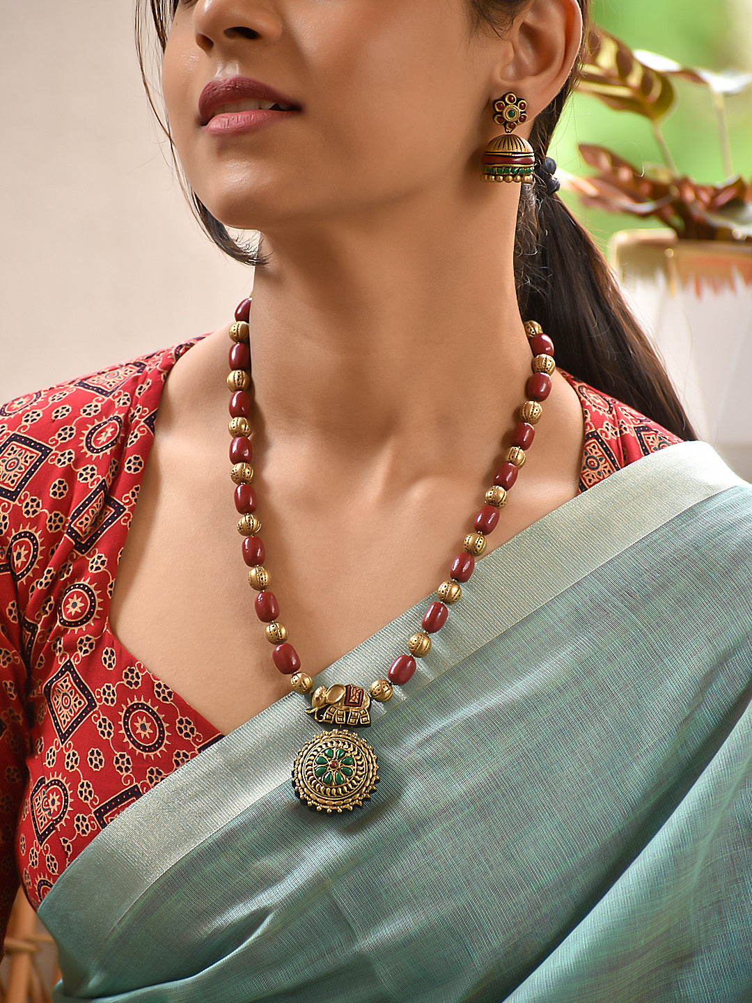 Terracotta Beaded Necklace with Round Pendant Charm