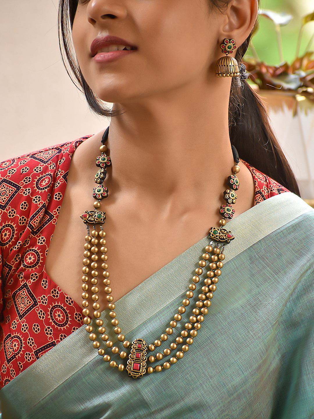 Terracotta Multi-Layer Bead Necklace with Floral Motifs