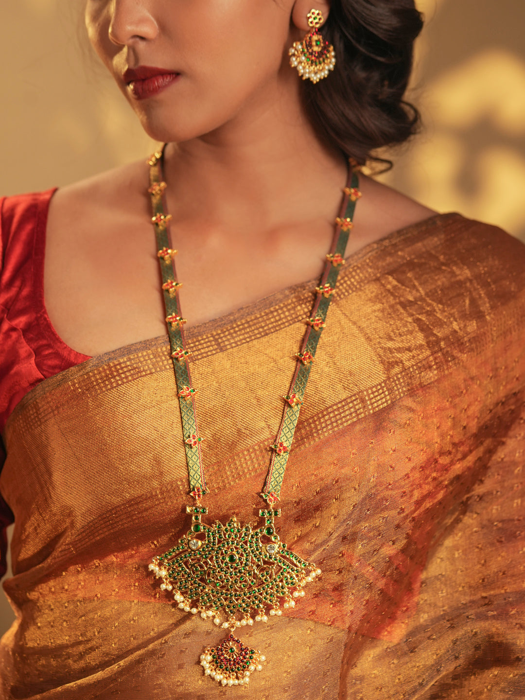 Zaranya — Gold Tone Temple Necklace Set- Green Zari haaram