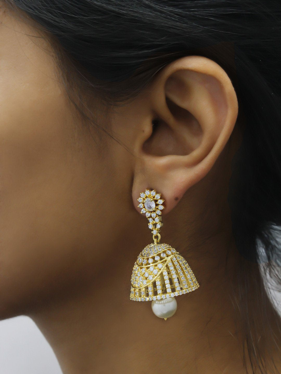 Avismaya Gold Plated Floral Design American Diamond Stone Jhumka Earring