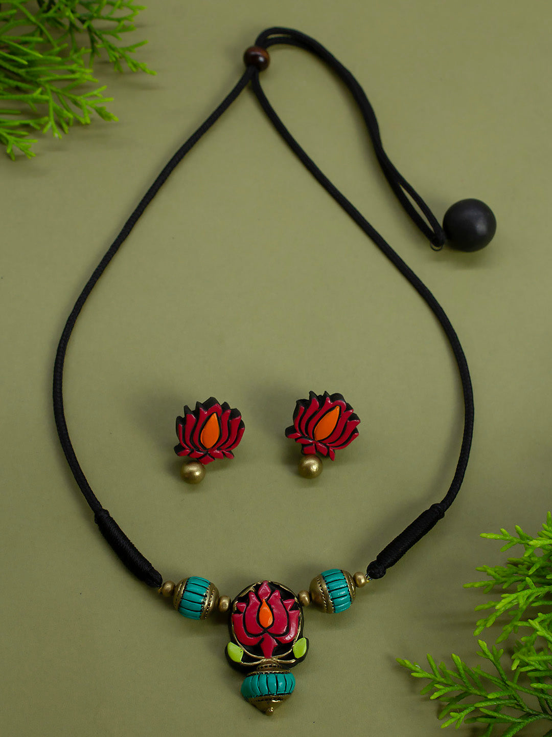 Pink Antique Gold Green Orange Lotus Design Minimalistic Handmade Terracotta Necklace Set