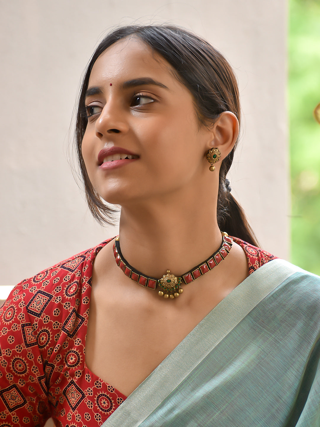 Terracotta Square Bead Choker with Floral Pendant