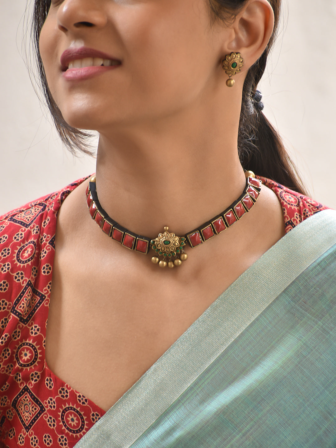 Terracotta Square Bead Choker with Floral Pendant