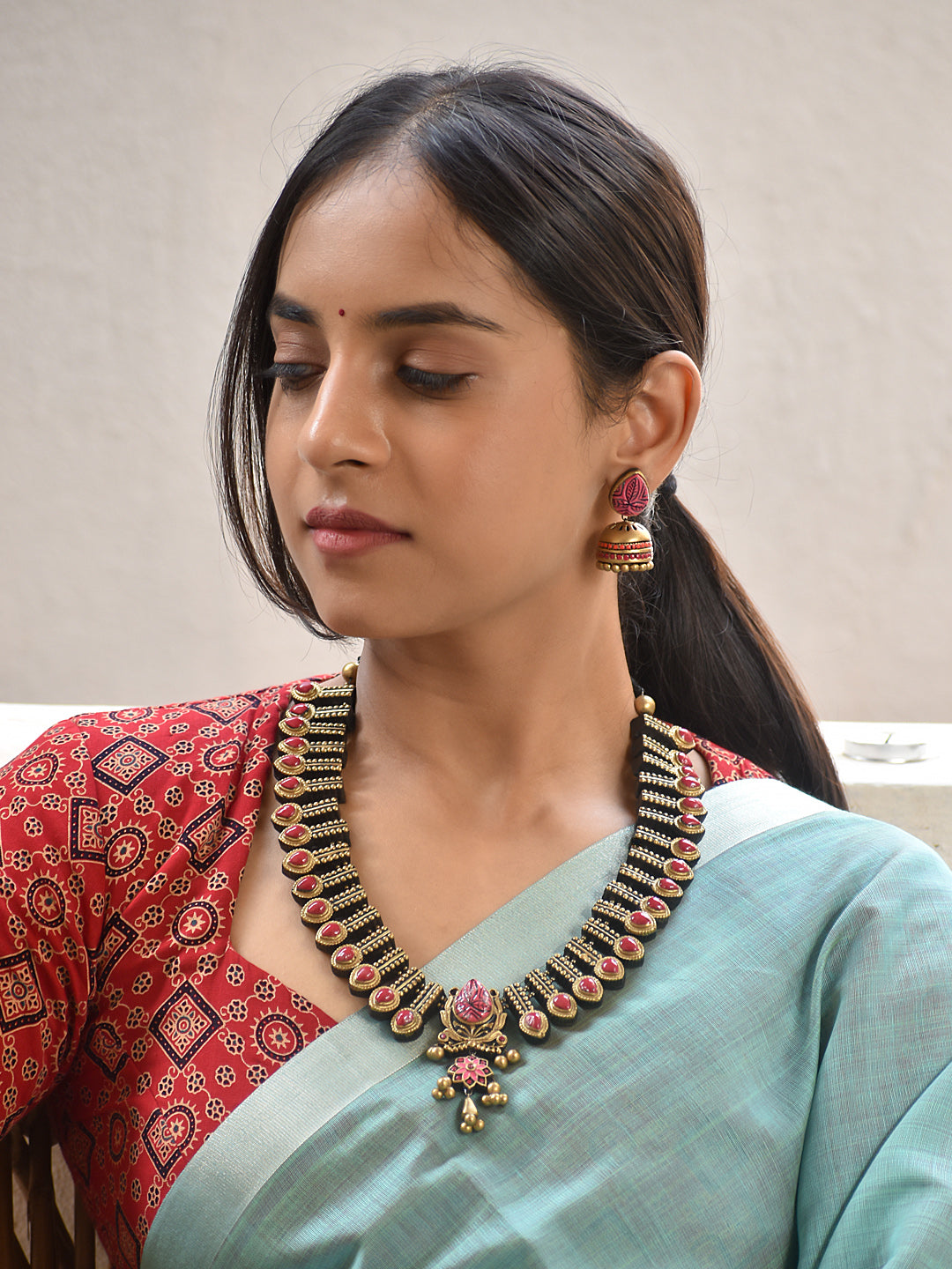 Terracotta Statement Necklace with Red Stone Detailing and Drop Pendant