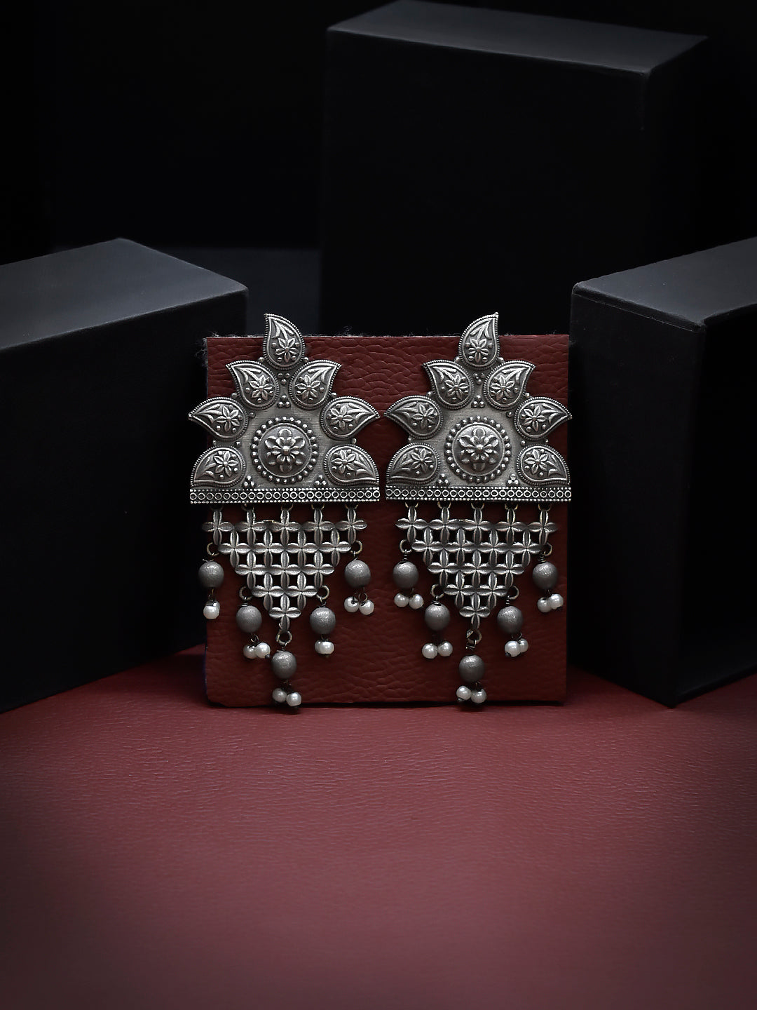 Silver Plated Mango Design With Hanging White Color Pearl Dangler Earring