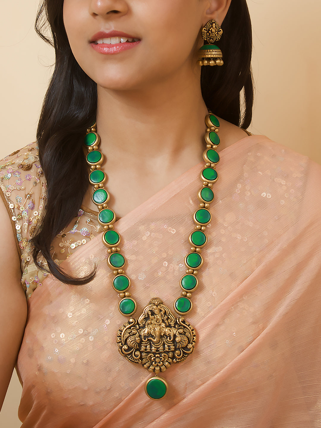 Ganesha Mandala — Green and Antique Gold Circular Pattern Ganesha Pendant Design Temple Long Handmade Terracotta Necklace Set