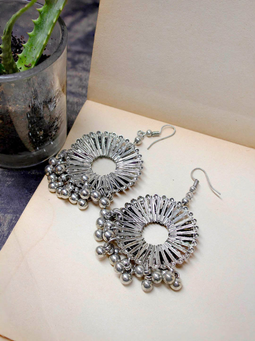 Silver Plated Circle Design Black And White Color Beads With Hanging Ghungroos Dangler Earring