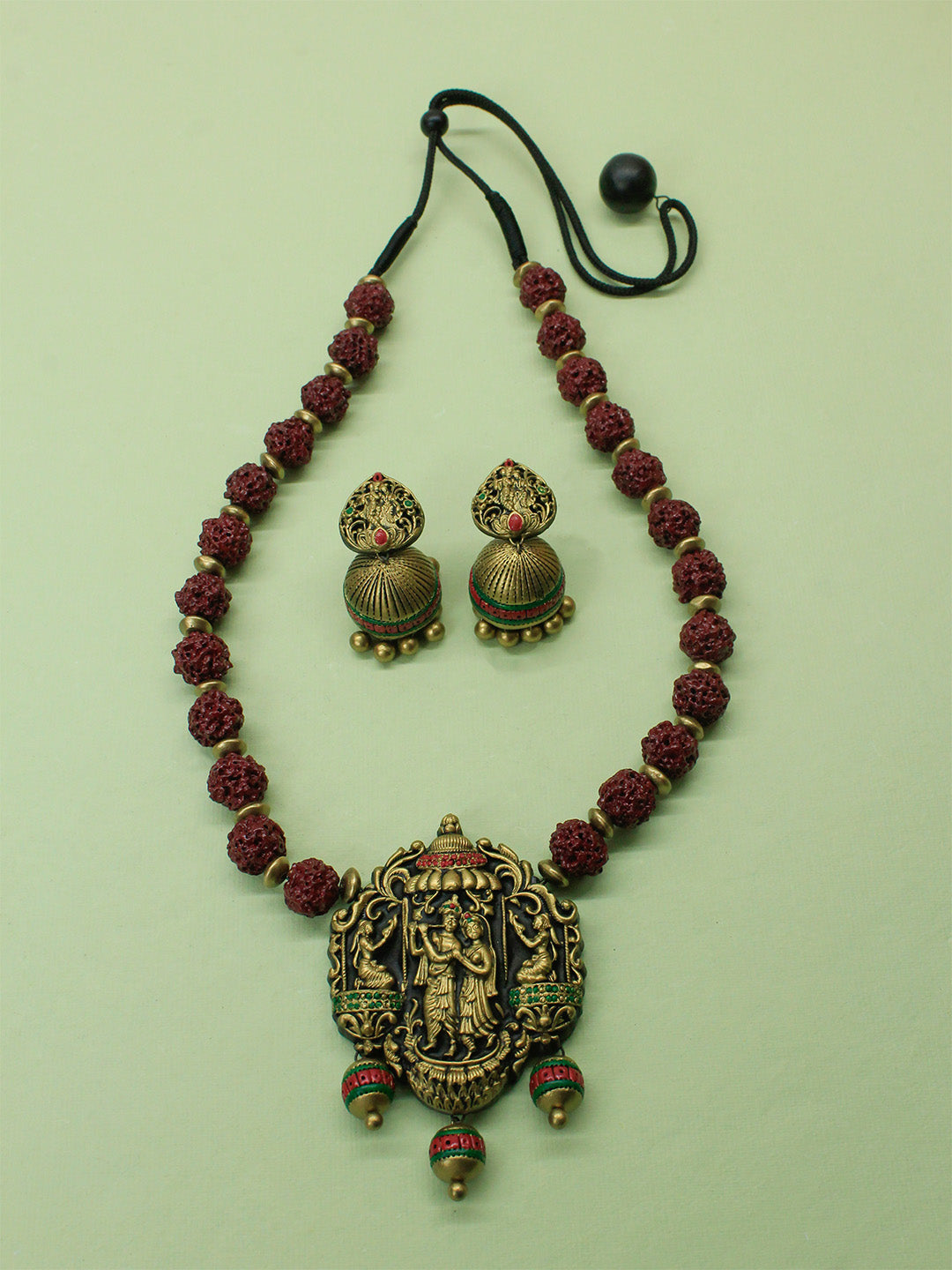 Antique Gold Red Green Orange Maroon Rudraksha Design Radha Krishna Handmade Terracotta Necklace Set