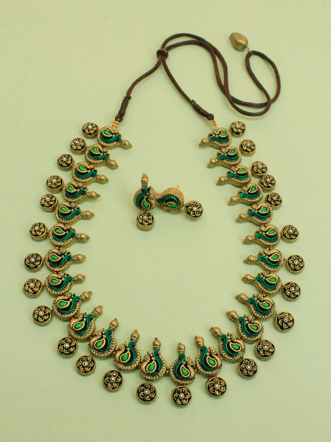 Antique Gold Green Peacock Design Handmade Terracotta Necklace Set