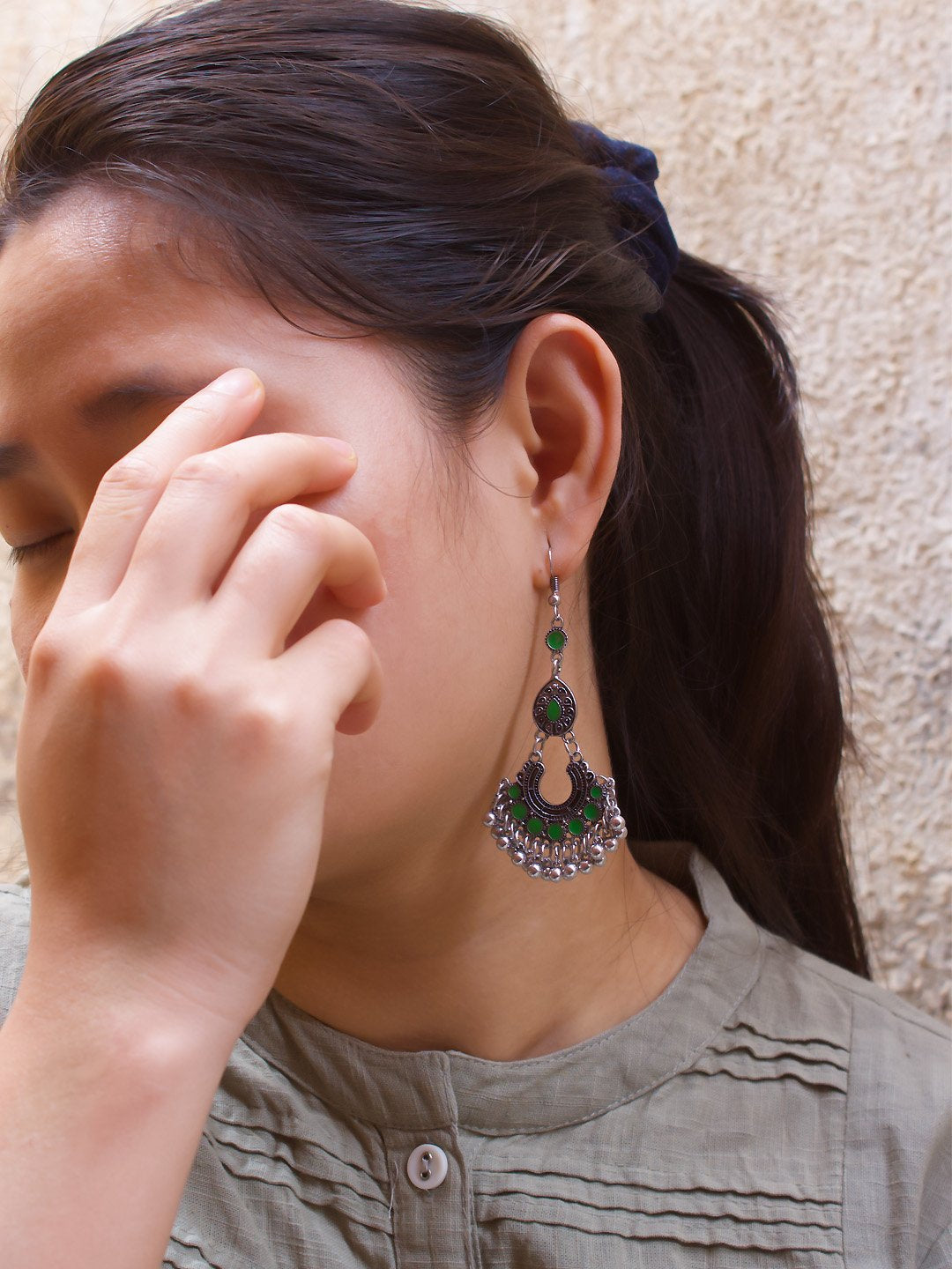 Silver Plated Filigree Design Green Color Artificial Stone Danglerearring