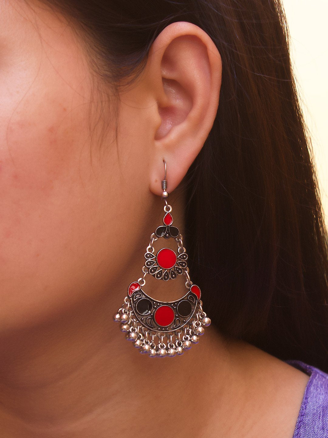 Silver Plated Crescent Design Red And Black Color Enamel Painted With Hanging Silver Beads Dangler Earring