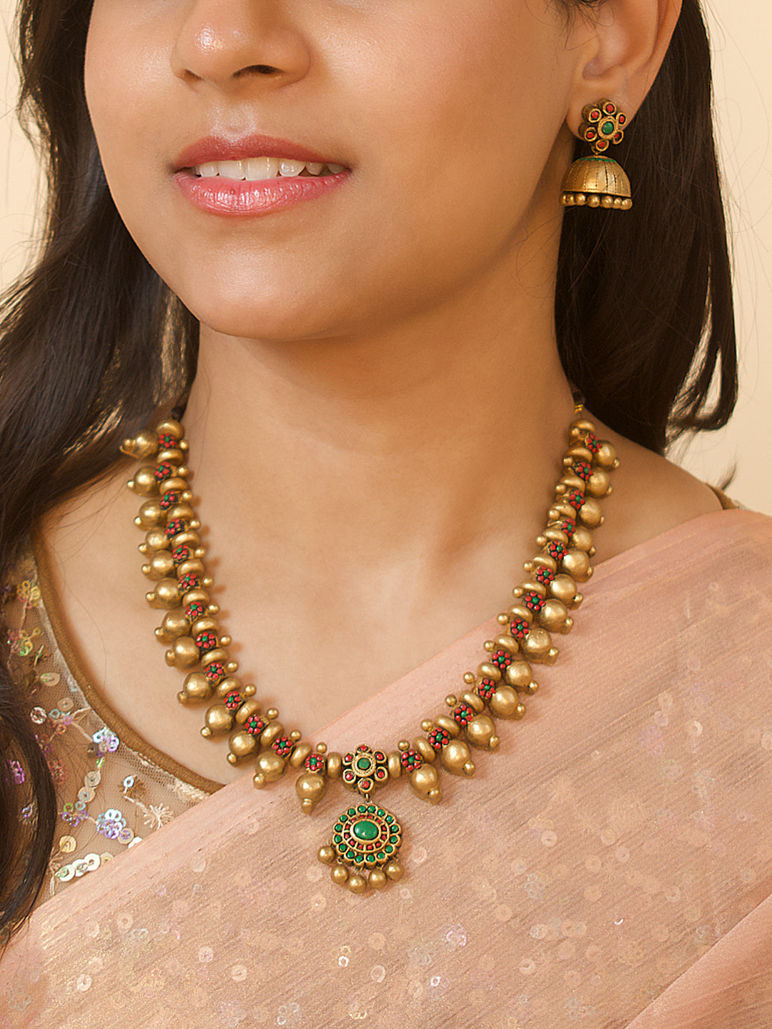 Padmasri — Antique Gold Red Green Floral Design Contemporary Style Handmade Terracotta Necklace Set