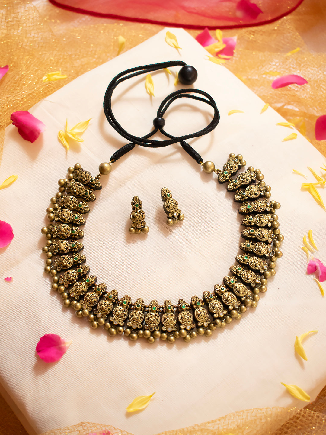 Antique Gold Green Kundan Floral Temple Contemporary Style Handmade Terracotta Necklace Set