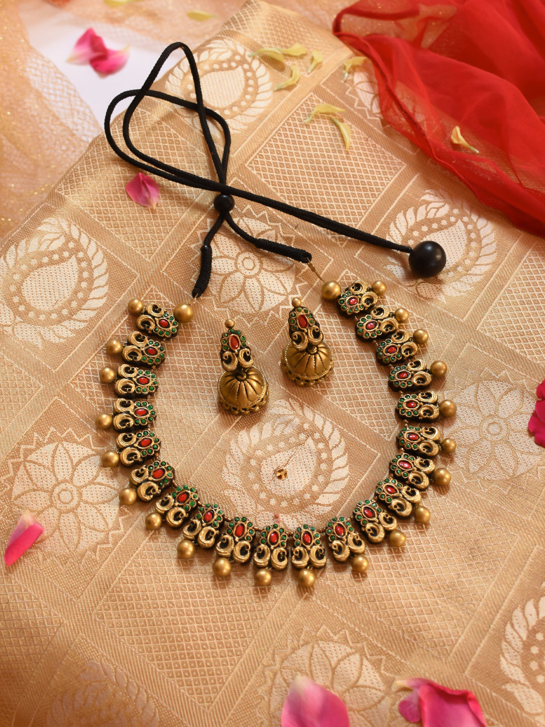 Antique Gold Red Green Floral Peacock Design Handmade Terracotta Necklace Set