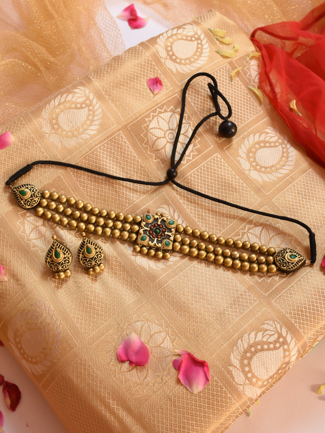 Antique Gold Red Green Square Pendant Victorian Choker Handmade Terracotta Necklace Set