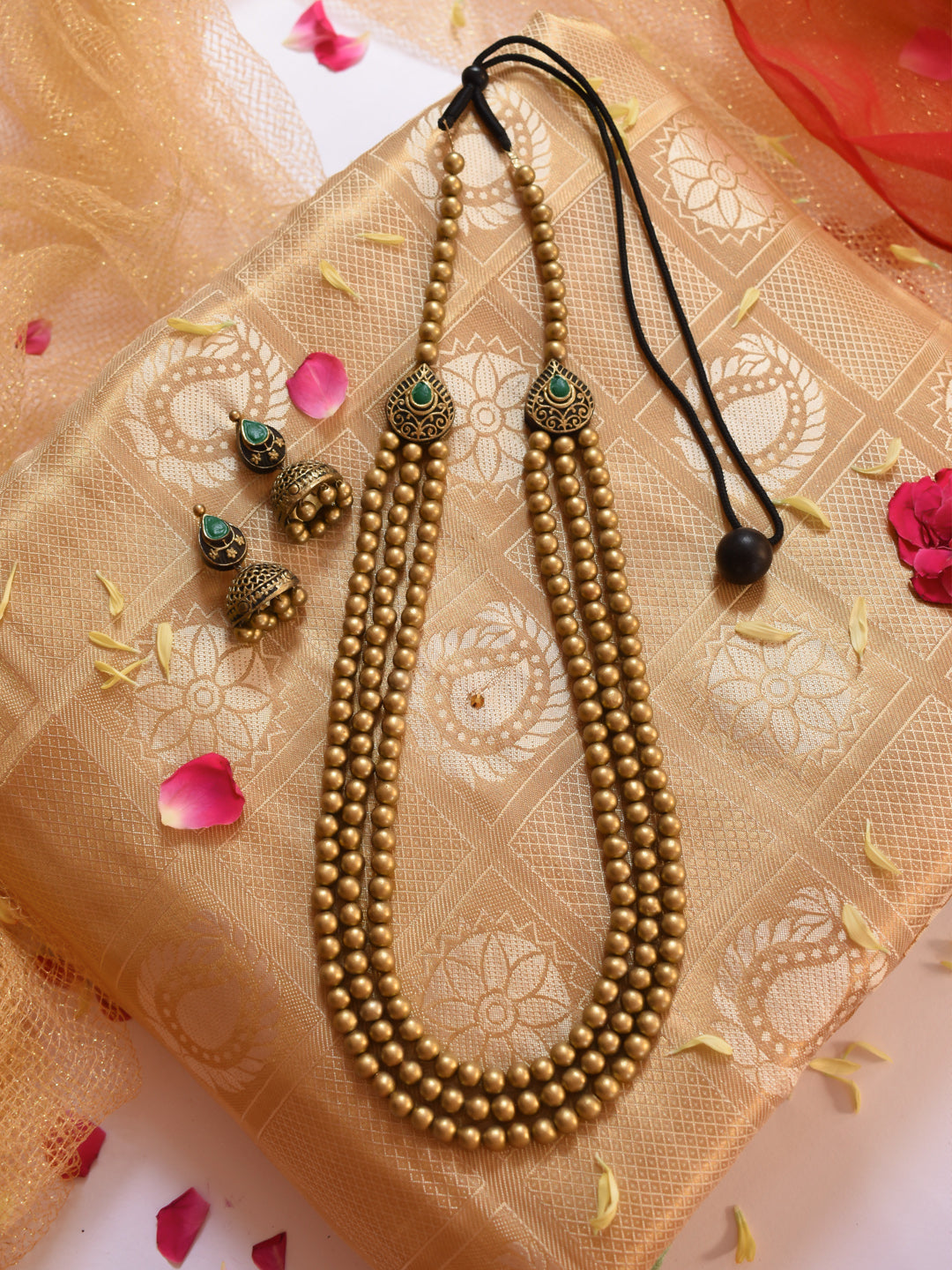 Antique Gold Green Rani Haar Three Layered Long Mala Handmade Terracotta Necklace Set