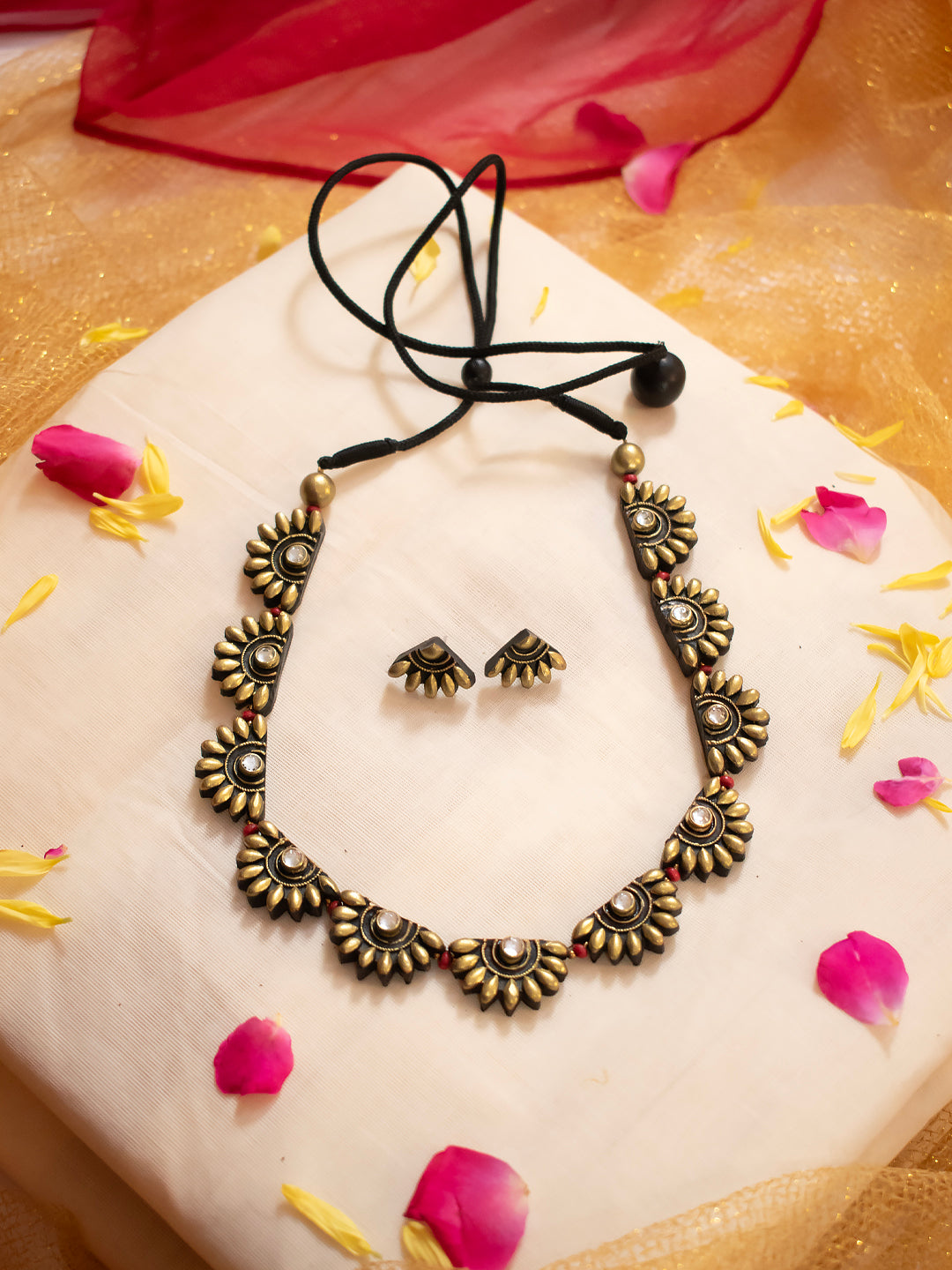 Half Flower Design Antique Gold White Kundan Stone Handmade Terracotta Necklace Set