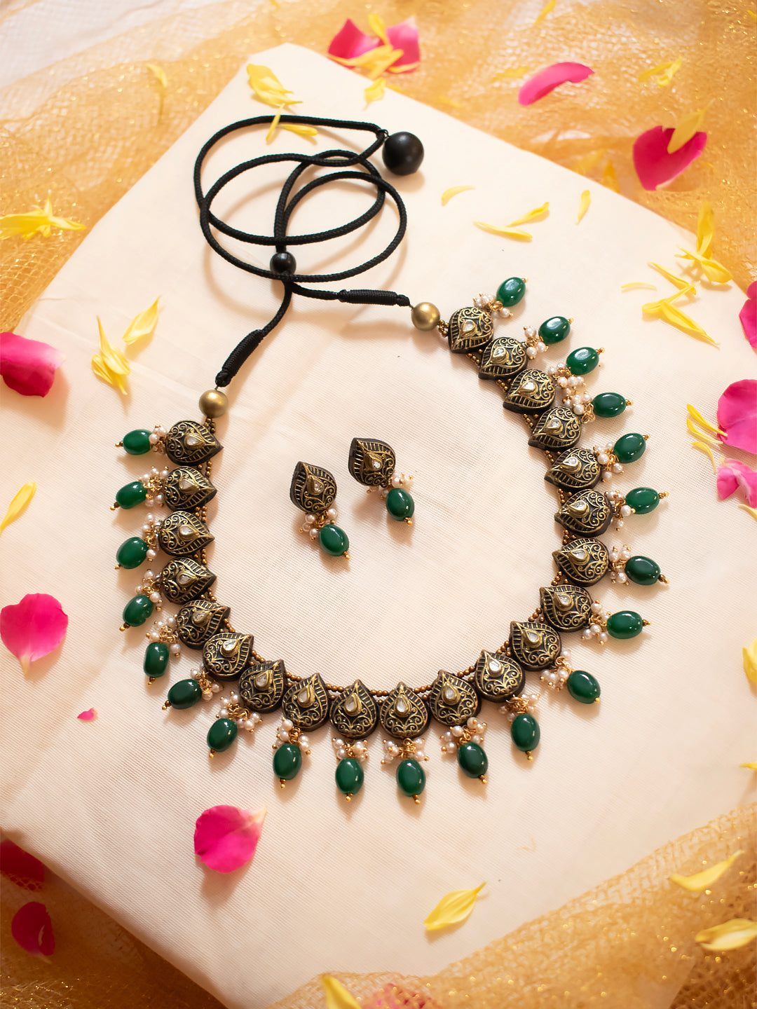 Antique Gold Filigree Work Pear Shape Green Kundan Stone Guttapusalu Pearl Handmade Terracotta Necklace Set