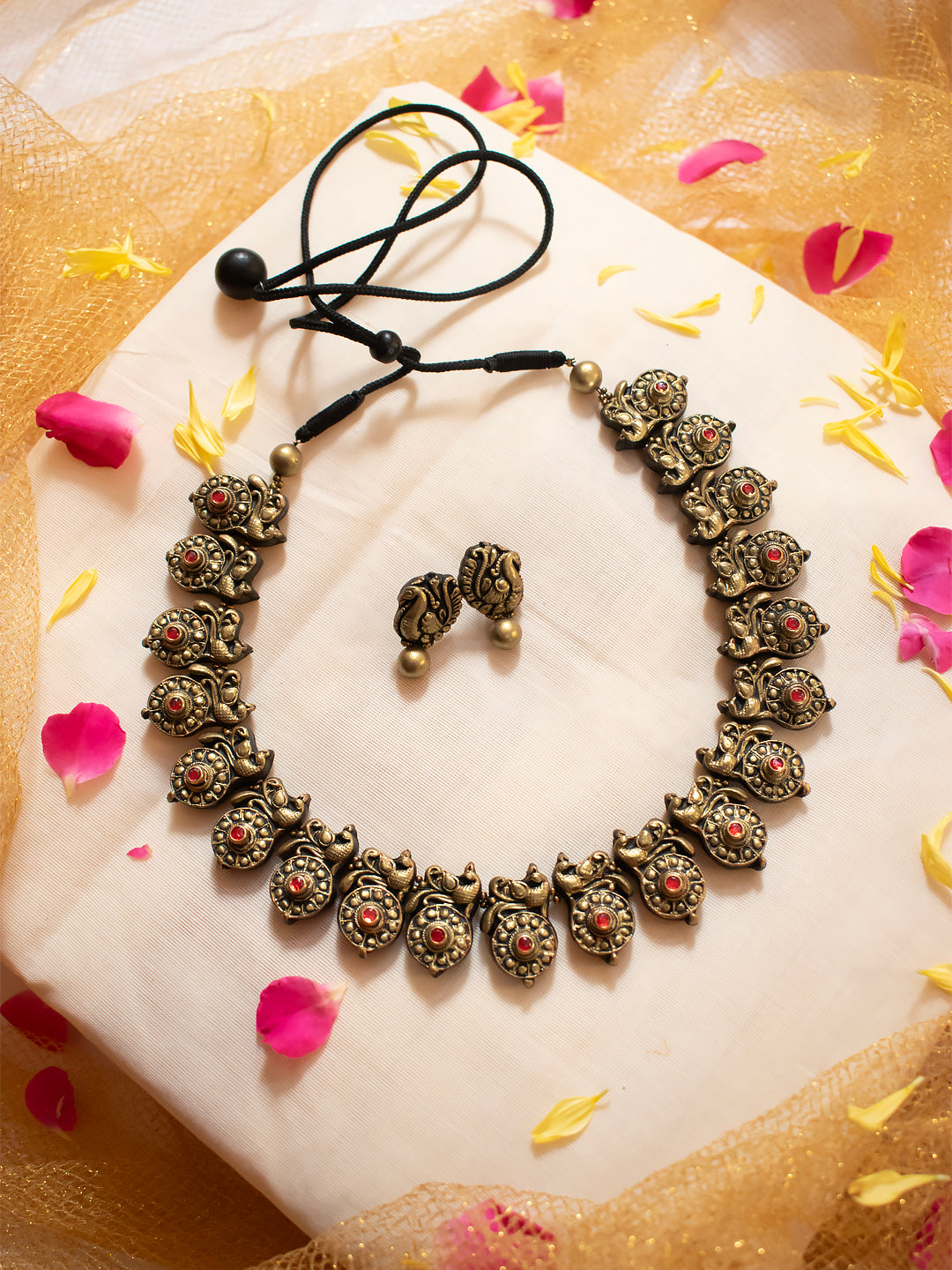 Antique Gold Red Kundan Circular Peacock Design Handmade Terracotta Necklace Set