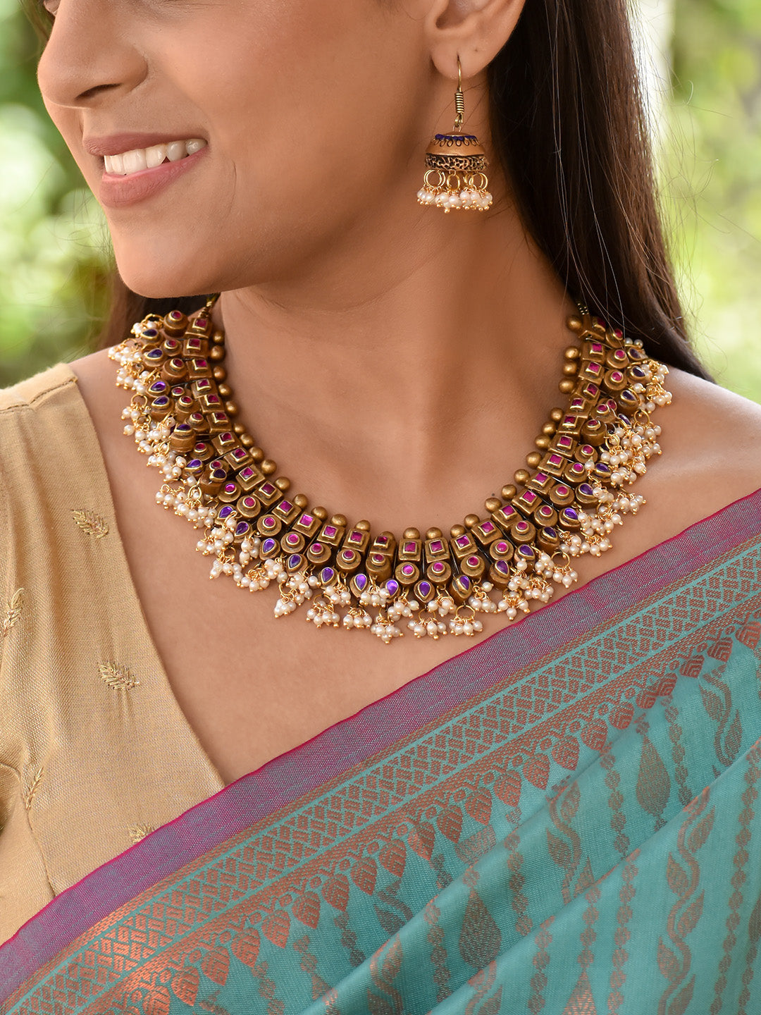 Beautifully Handcrafted Geometric Terracotta Jewellery Set in Gold, Purple & Pink with Kundan Stones