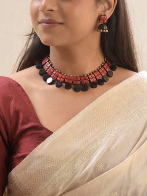 B2B - JYUVA03 - Handmade Terracotta Red & Black Geometric Choker Necklace Set