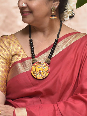 B2B - JYUVA07 - Handmade Terracotta Orange Ganesha Pendant Black Bead Necklace Set