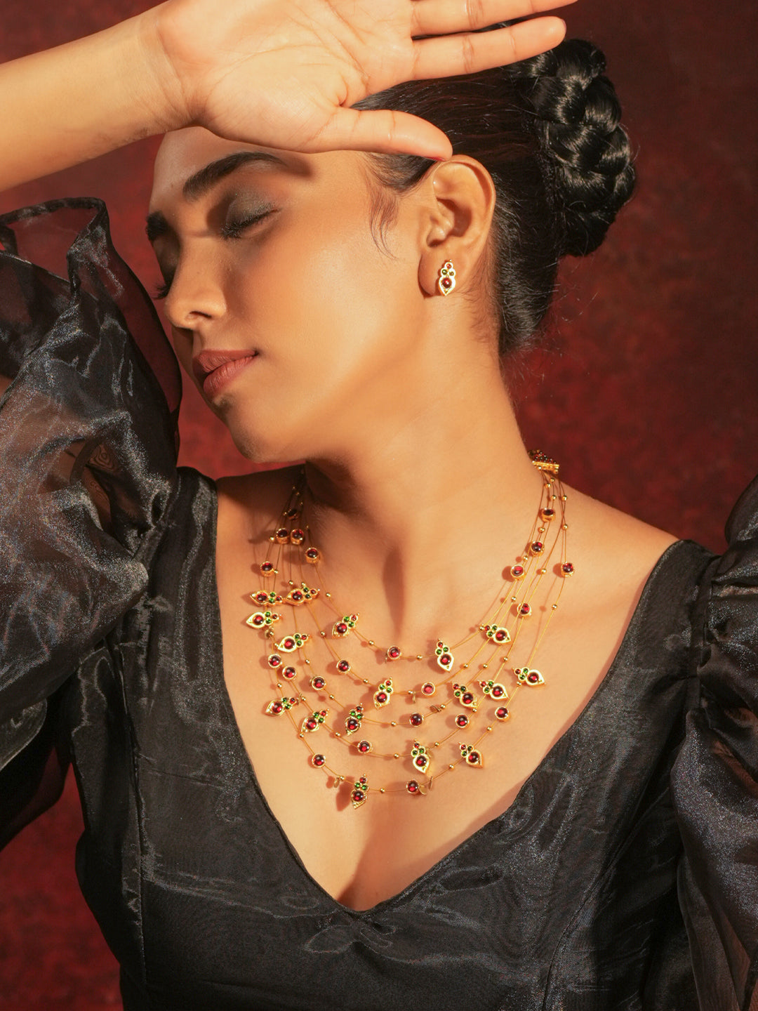 Gold Tone Temple Necklace Set- Layered V motifs