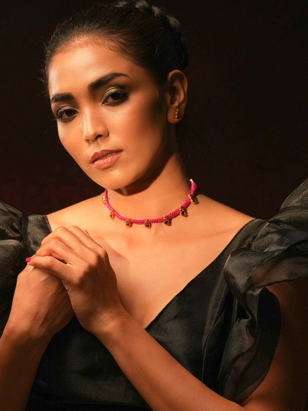 Gold tone temple necklace set-Pink Thread Choker