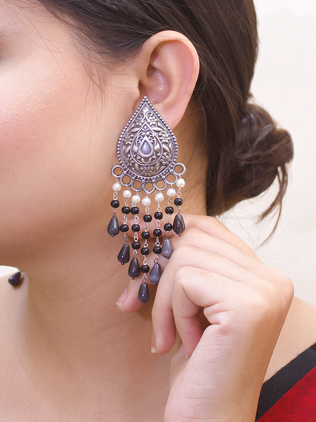 Oxidized Silver Plated Teardrop Design Black Color Beads With Hanging White Pearls Dangler Earring-OXIDIZED-Earring