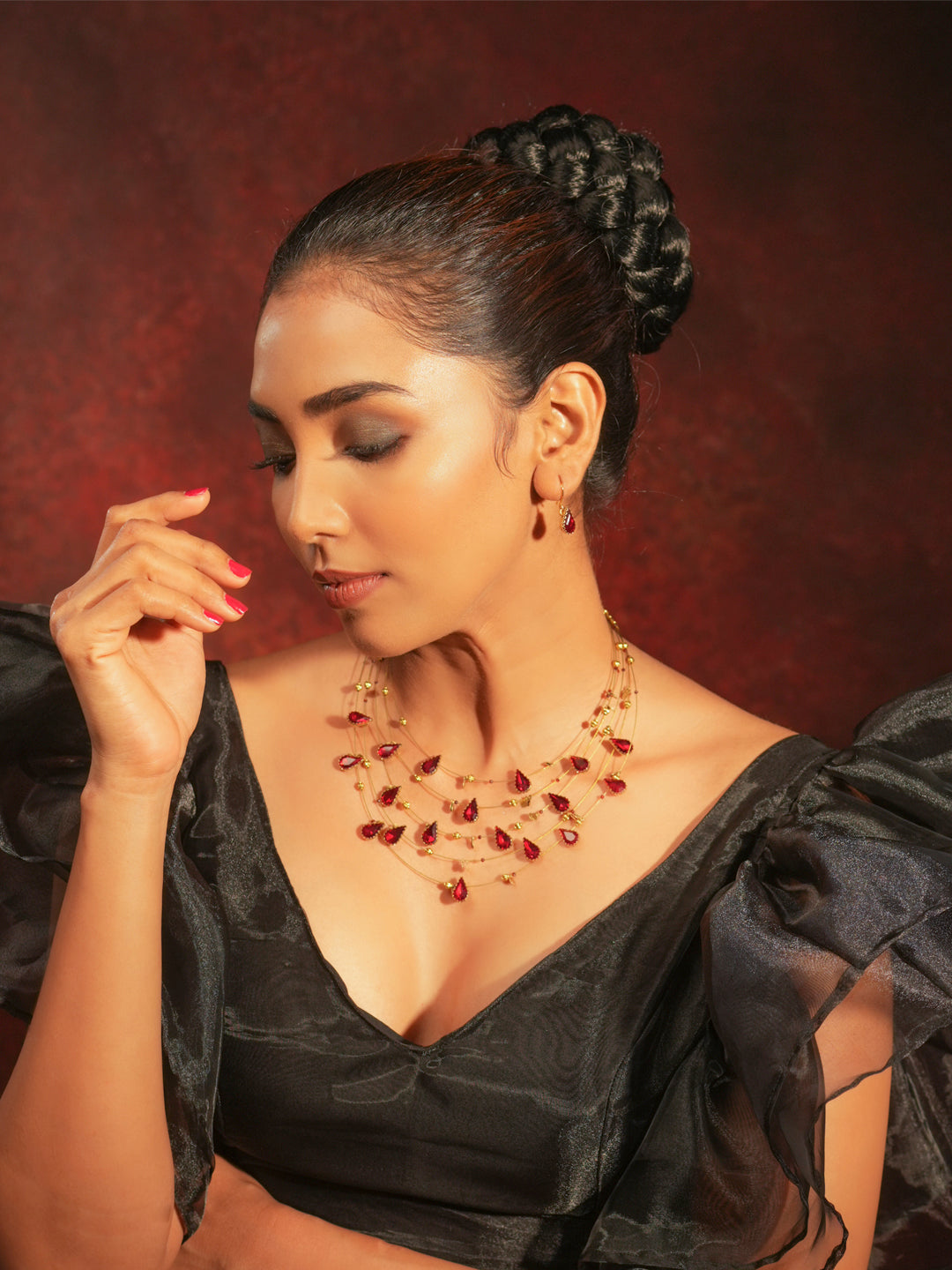 Gold Tone Temple Necklace Set- Layered Red