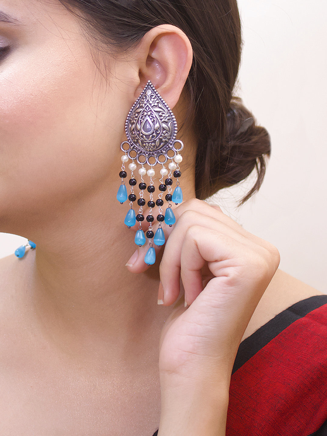 Oxidized Silver Plated Teardrop Design Black And Blue Color Beads With Hanging White Pearls Dangler Earring-OXIDIZED-Earring