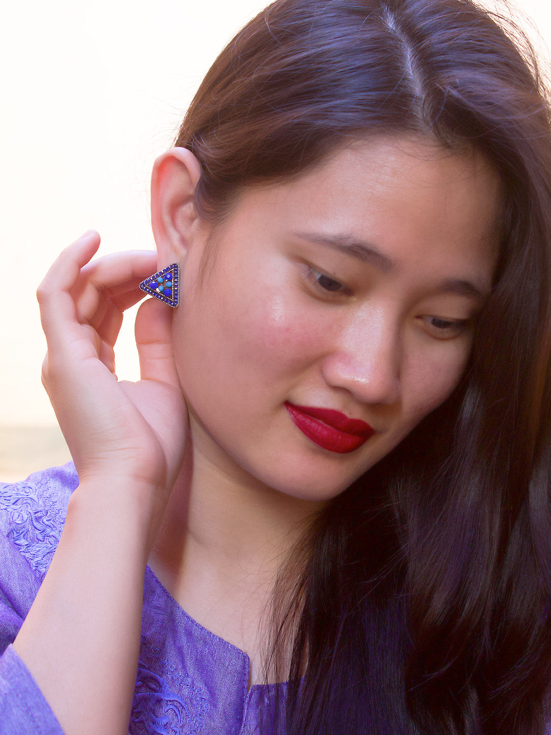 Aana Silver Plated Triangle Shape Design Teal And Navy Color Enamel Painted Stud Earring-AANA-Earring