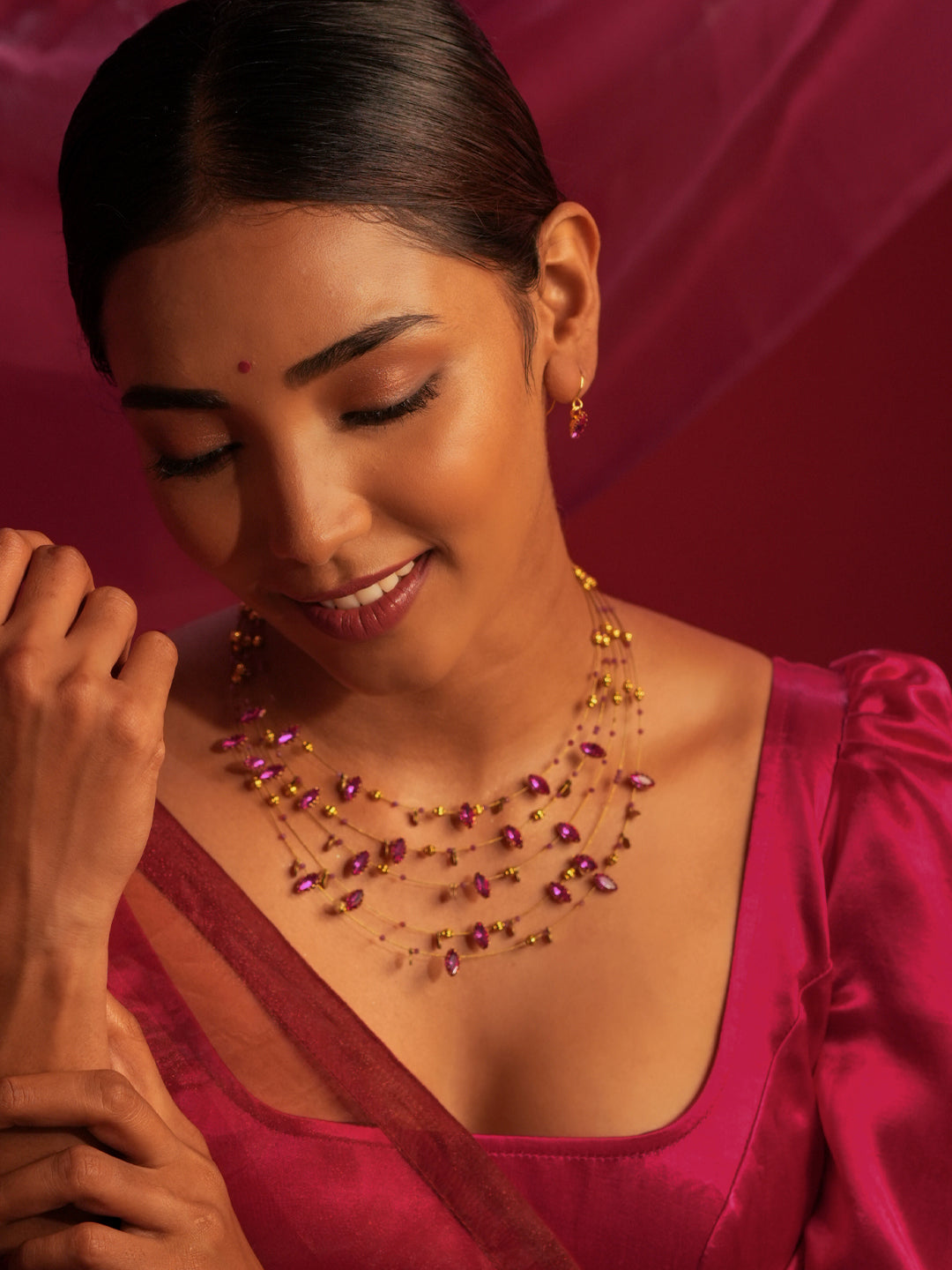 Gold Tone Temple Necklace Set- Layered Pink